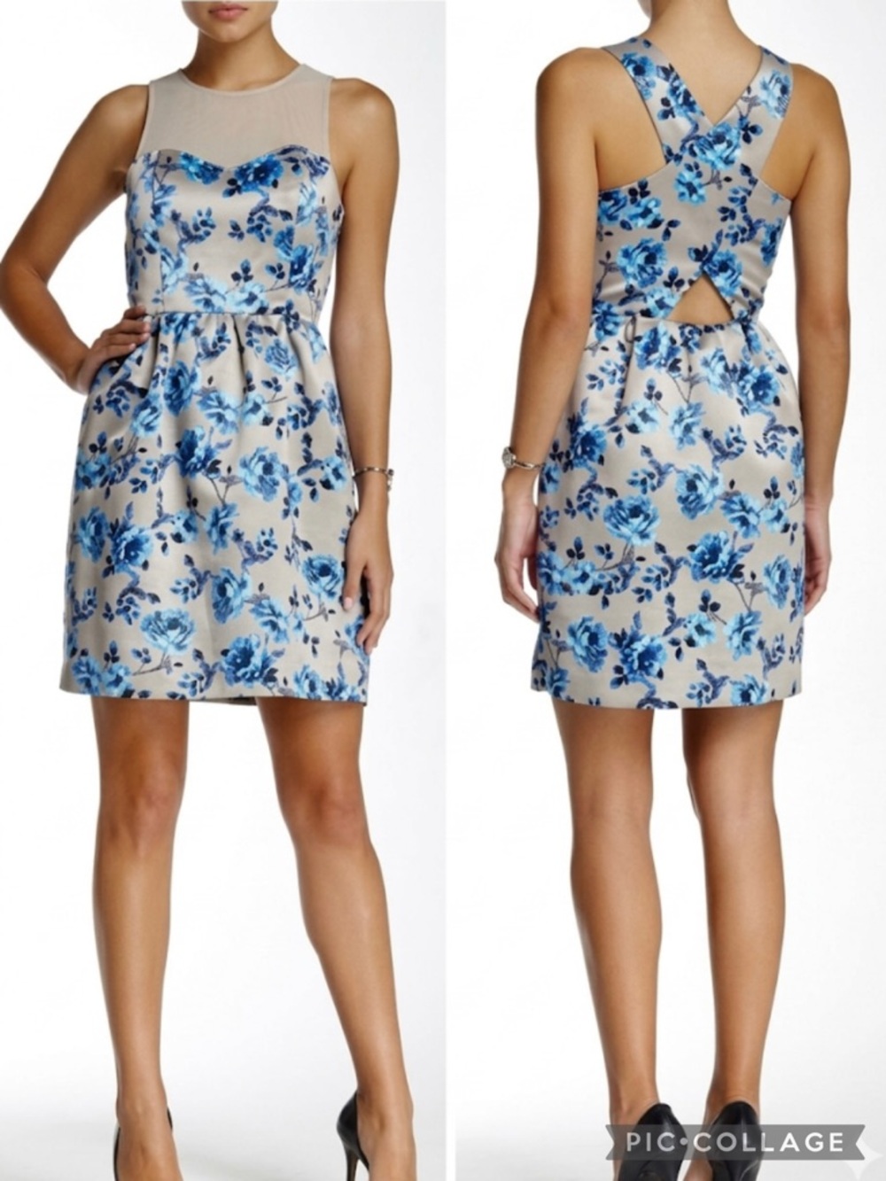 Cynthia Steffe Cece Blue Satin Floral Illusion Fit & Flare Mini Dress 8 NWT